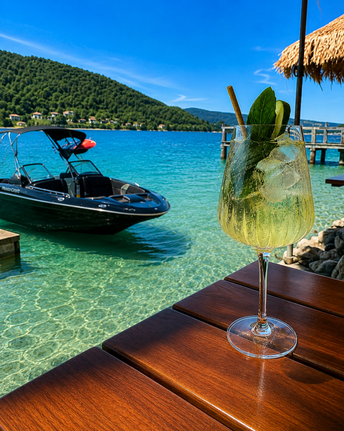 Spritz au basilic sur la terrasse en bois, bateau amarré dans l'eau turquoise