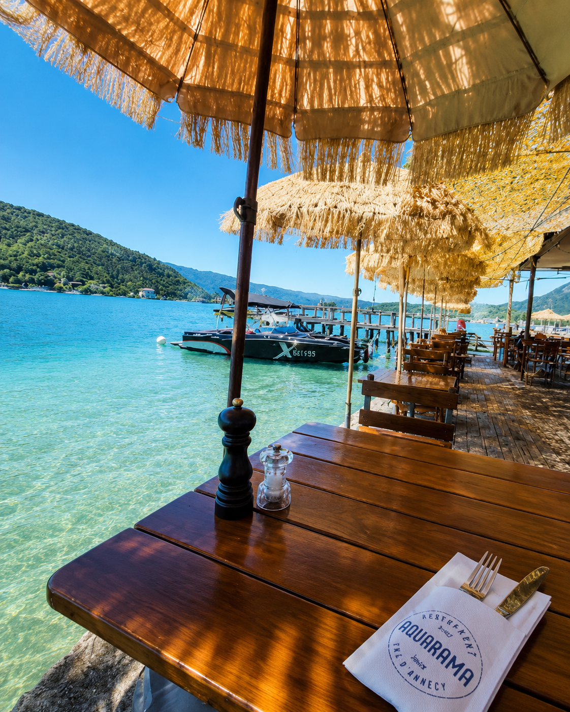 Table en bois sous parasol de paille, les pieds dans l'eau turquoise du lac d'Annecy